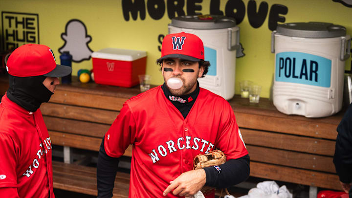 Marcelo Mayer blows a bubble with his gum in the WooSox dugout during a game on April 13, 2025 at Polar Park. Marcelo Mayer blows a bubble with his gum in the WooSox dugout during a game on April 13, 2025 at Polar Park.