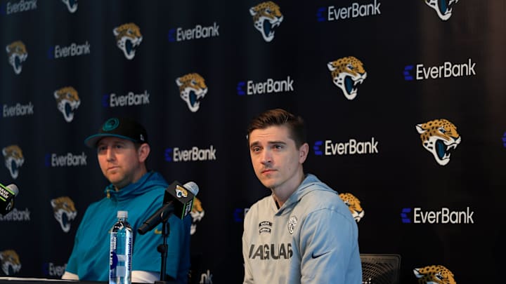 Jacksonville Jaguars general manager James Gladstone, right, listens to a question from the media next to Jacksonville Jaguars head coach Liam Coen during a press conference at Miller Electric Center Tuesday, April 15, 2025 in Jacksonville, Fla. [Corey Perrine/Florida Times-Union]
