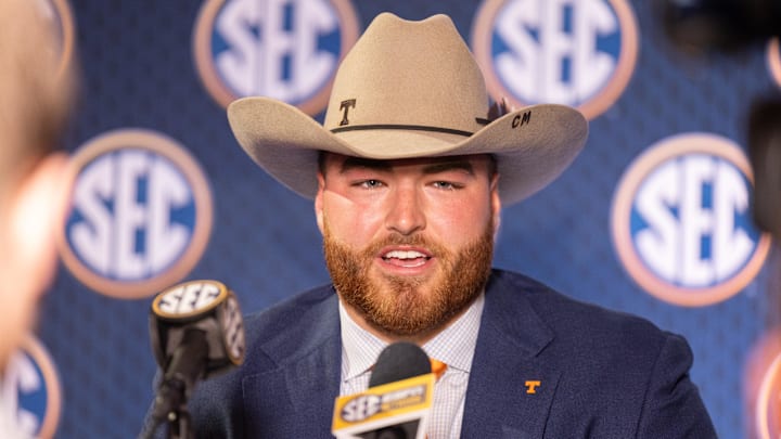 Jul 16, 2024; Dallas, TX, USA; Tennessee center Cooper Mays speaking at Omni Dallas Hotel. Mandatory Credit: Brett Patzke-Imagn Images