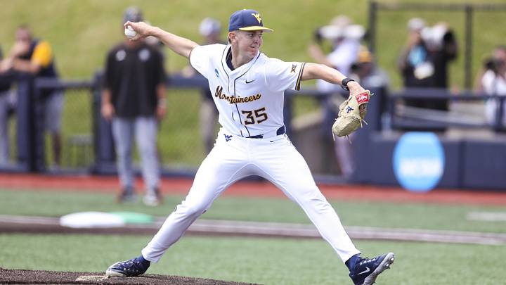 Jun 5, 2026; Morgantown, WV, USA; West Virginia Mountaineers pitcher Chansen Cole (35) throws a pitch during the first inning against the Cal Poly Mustangs at Kendrick Family Ballpark. Mandatory Credit: Ben Queen-Imagn Images