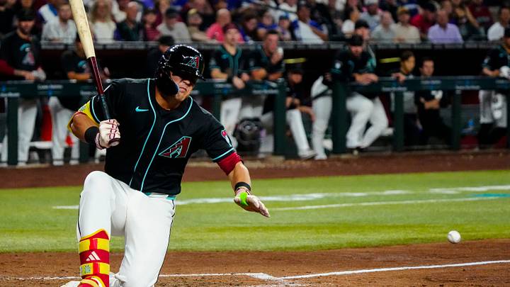 Arizona Diamondbacks outfielder Lars Nootbaar (21) fouls a pitch off his leg against the Los Angeles Dodgers during a game at Chase Field in Phoenix on Aug. 8, 2026.