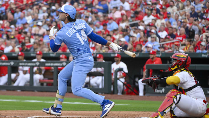 Jun 3, 2025; St. Louis, Missouri, USA; Kansas City Royals designated hitter Jac Caglianone (14) bats against the St. Louis Cardinals during the second inning of his Major League Baseball debut at Busch Stadium. Mandatory Credit: Jeff Curry-Imagn Images Jun 3, 2025; St. Louis, Missouri, USA; Kansas City Royals designated hitter Jac Caglianone (14) bats against the St. Louis Cardinals during the second inning of his Major League Baseball debut at Busch Stadium. Mandatory Credit: Jeff Curry-Imagn Images