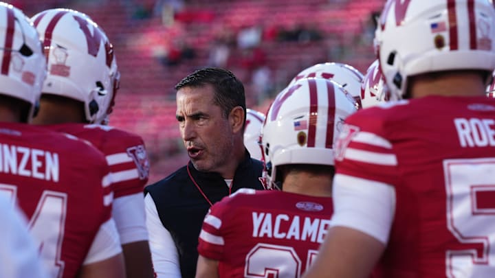 Oct 11, 2025; Madison, Wisconsin, USA; Wisconsin Badgers head coach Luke Fickell leads his team out of the tunnel at Camp Randall Stadium. Mandatory Credit: Ross Harried-Imagn Images