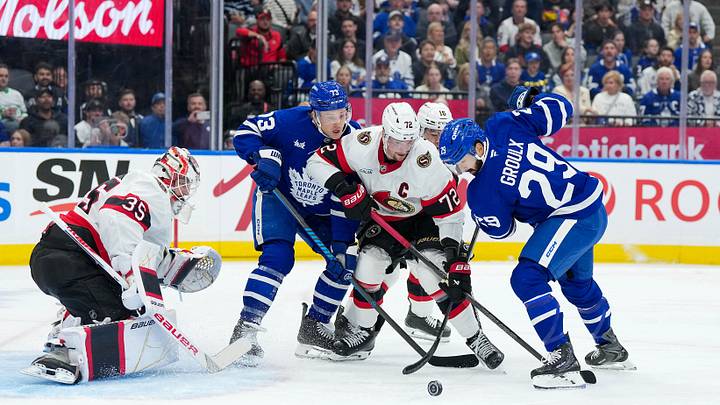 Oct 3, 2026; Toronto, Ontario, CAN;  Toronto Maple Leafs center Bo Groulx (29) battles in front of the net with Ottawa Senators defenseman Thomas Chabot (72) during the first period at Scotiabank Arena.  Mandatory Credit: Nick Turchiaro-Imagn Images