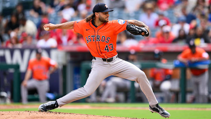 Lance McCullers Jr. (43) delivers during the first inning against the Los Angeles Angels at Angel Stadium. Lance McCullers Jr. (43) delivers during the first inning against the Los Angeles Angels at Angel Stadium.