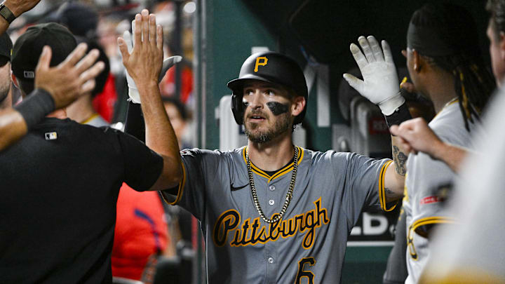 St. Louis, Missouri, USA;  Pittsburgh Pirates catcher Yasmani Grandal (6) is congratulated by teammates after hitting a game-tying solo home run against the St. Louis Cardinals during the seventh inning at Busch Stadium.