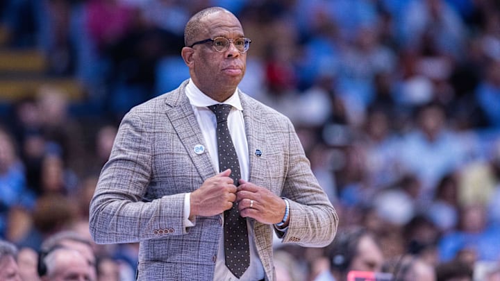 Nov 14, 2025; Chapel Hill, North Carolina, USA; North Carolina Tar Heels head coach Hubert Davis looks on during the second half against the North Carolina Central Eagles at Dean E. Smith Center. Mandatory Credit: Scott Kinser-Imagn Images