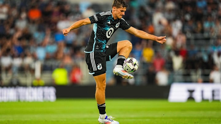 Jul 30, 2024; St. Paul, Minnesota, USA; Minnesota United defender Morris Duggan (23)  controls the ball during the first half against Necaxa at Allianz Field. Mandatory Credit: Brace Hemmelgarn-USA TODAY Sports