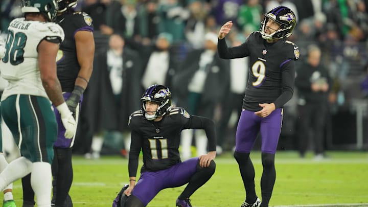 Dec 1, 2024; Baltimore, Maryland, USA; Baltimore Ravens kicker Justin Tucker (9) watches his failed third quarter field goal attempt against the Philadelphia Eagles at M&T Bank Stadium. Mandatory Credit: Mitch Stringer-Imagn Images