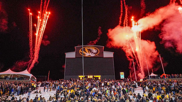 Nov 18, 2023; Columbia, Missouri, USA; A general view of fireworks being set off prior to a game between the Missouri Tigers and Florida Gators at Faurot Field at Memorial Stadium.