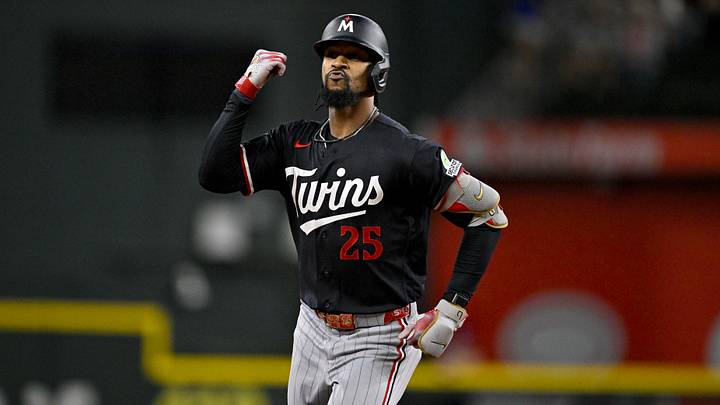 Jun 15, 2026; Arlington, Texas, USA; Minnesota Twins center fielder Byron Buxton (25) rounds the bases after hitting a home run against the Texas Rangers during the sixth inning at Globe Life Field. Mandatory Credit: Jerome Miron-Imagn Images Jun 15, 2026; Arlington, Texas, USA; Minnesota Twins center fielder Byron Buxton (25) rounds the bases after hitting a home run against the Texas Rangers during the sixth inning at Globe Life Field. Mandatory Credit: Jerome Miron-Imagn Images