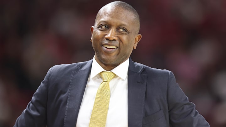 Feb 21, 2026; Fayetteville, Arkansas, USA; Missouri Tigers head coach Dennis Gates during the second half against the Arkansas Razorbacks at Bud Walton Arena. Arkansas won 94-86. 