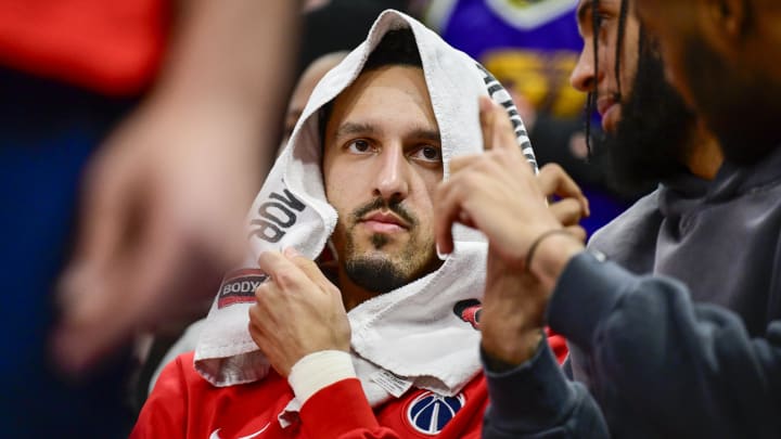 Mar 4, 2024; Salt Lake City, Utah, USA; Washington Wizards guard Landry Shamet (20) on the bench with a towel over his head against the Utah Jazz during the second half at the Delta Center. Mandatory Credit: Christopher Creveling-USA TODAY Sports