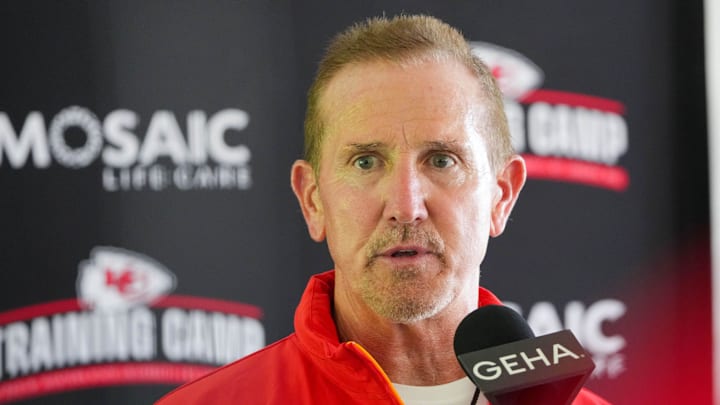 Jul 22, 2024; St. Joseph, MO, USA; Kansas City Chiefs defensive coordinator Steve Spagnuolo talks with media after training camp at Missouri Western State University. Mandatory Credit: Denny Medley-Imagn Images