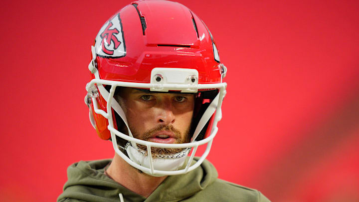 Oct 27, 2025; Kansas City, Missouri, USA; Kansas City Chiefs kicker Harrison Butker (7) looks on during warmups prior to the game against the Washington Commanders at GEHA Field at Arrowhead Stadium.
