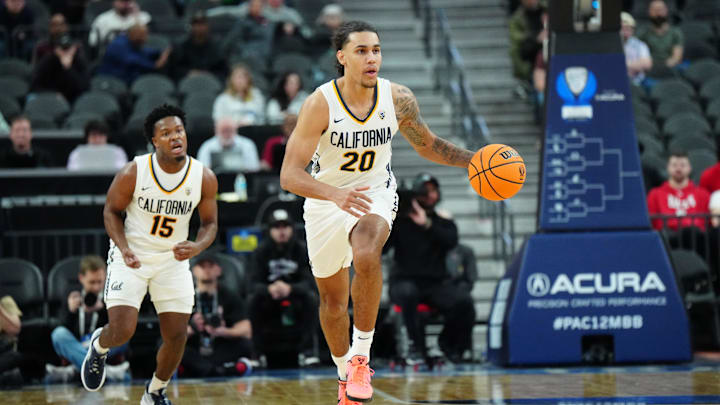 Mar 13, 2024; Las Vegas, NV, USA; California Golden Bears guard Jaylon Tyson (20) dribbles the ball against the Stanford Cardinal at T-Mobile Arena. Mandatory Credit: Kirby Lee-USA TODAY Sports