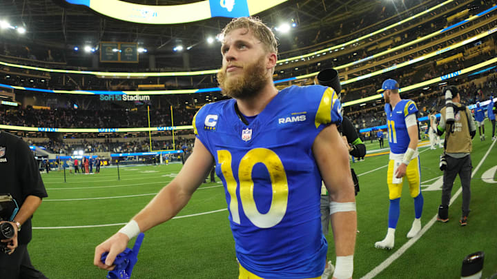 Dec 21, 2023; Inglewood, California, USA; Los Angeles Rams wide receiver Cooper Kupp (10) leaves the field after the game against the New Orleans Saints at SoFi Stadium. Mandatory Credit: Kirby Lee-Imagn Images