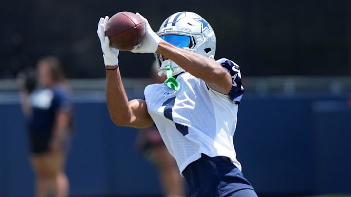 Dallas Cowboys receiver Jalen Tolbert catches the ball at training camp at the River Ridge Fields. 