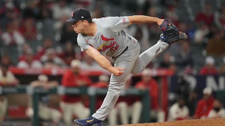 May 14, 2024; Anaheim, California, USA; St. Louis Cardinals pitcher Ryan Helsley (56) pitches in the ninth inning against the Los Angeles Angels at Angel Stadium. Mandatory Credit: Kirby Lee-USA TODAY Sports May 14, 2024; Anaheim, California, USA; St. Louis Cardinals pitcher Ryan Helsley (56) pitches in the ninth inning against the Los Angeles Angels at Angel Stadium. Mandatory Credit: Kirby Lee-USA TODAY Sports