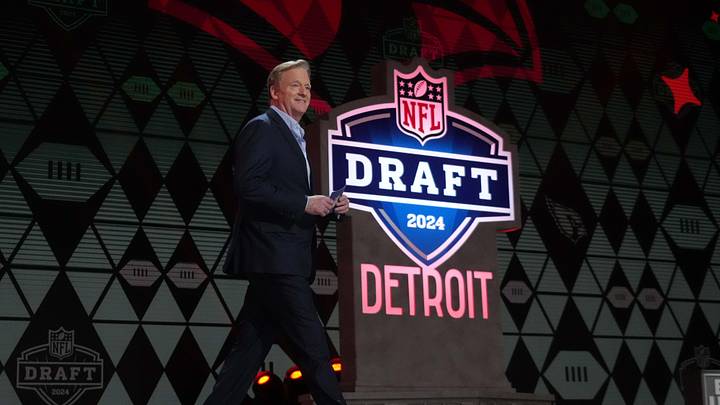 Apr 25, 2024; Detroit, MI, USA; NFL commissioner Roger Goodell reacts during the 2024 NFL Draft at Campus Martius Park and Hart Plaza. Mandatory Credit: Kirby Lee-Imagn Images