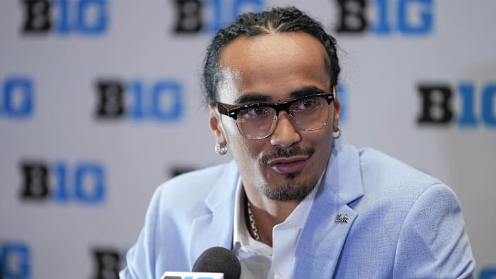 Jul 24, 2025; Las Vegas, NV, USA; UCLA quarterback Nico Iamaleava speaks to the media during the Big Ten NCAA college football media days at Mandalay Bay Resort. Mandatory Credit: Lucas Peltier-Imagn Images