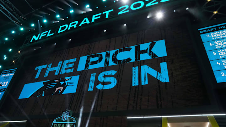 Apr 24, 2025; Green Bay, WI, USA; The Carolina Panthers logo is projected on the video board during the NFL Draft at Lambeau Field. Mandatory Credit: Kirby Lee-Imagn Images
