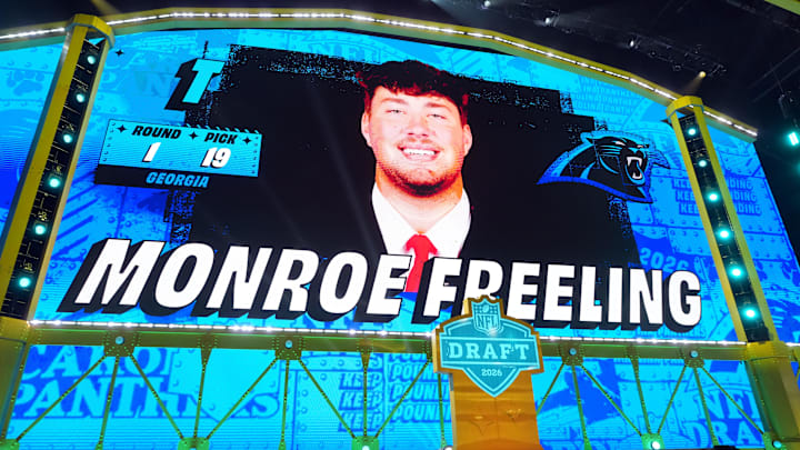 Apr 23, 2026; Pittsburgh, PA, USA; Georgia Bulldogs offensive lineman Monroe Freeling is selected by the Carolina Panthers as the number 19 pick during the 2026 NFL Draft at Acrisure Stadium. Mandatory Credit: Kirby Lee-Imagn Images