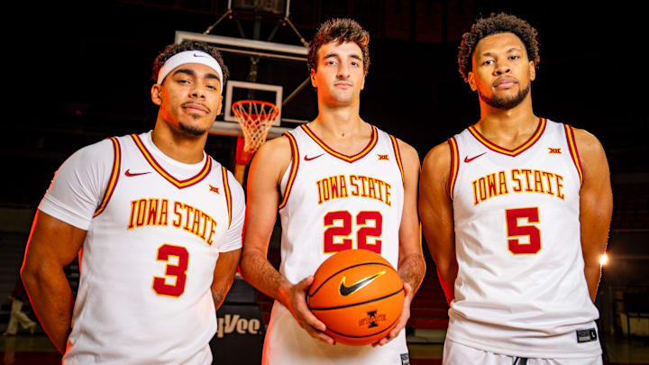 Iowa State Men's Basketball players Tamin Lipsey, Milan Momcilovic, and Joshua Jefferson stand for a photo during media day at Hilton Coliseum in Ames, Oct. 8, 2025. Iowa State Men's Basketball players Tamin Lipsey, Milan Momcilovic, and Joshua Jefferson stand for a photo during media day at Hilton Coliseum in Ames, Oct. 8, 2025.