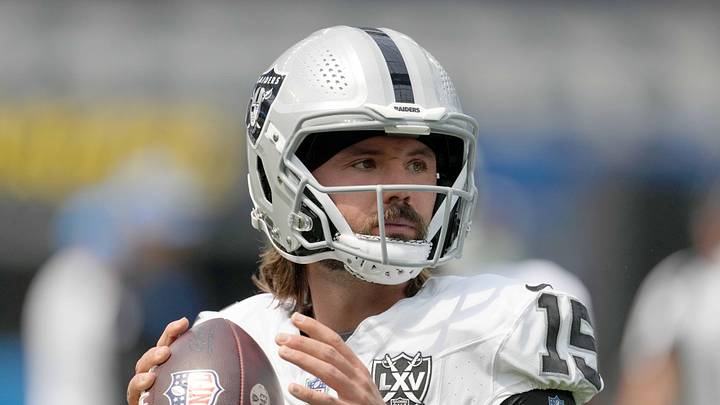 Sep 8, 2024; Inglewood, California, USA; Las Vegas Raiders quarterback Gardner Minshew (15) throws the ball against the Los Angeles Chargers at SoFi Stadium. Mandatory Credit: Kirby Lee-Imagn Images