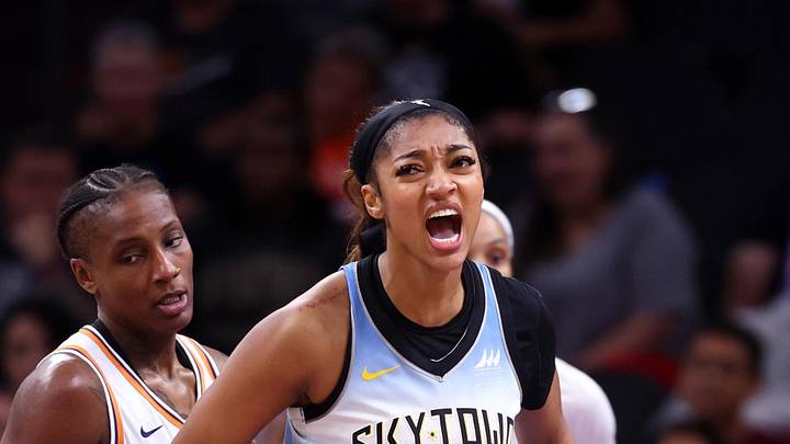 Aug 28, 2025; Phoenix, Arizona, USA; Chicago Sky forward Angel Reese (5) celebrates a shot against the Phoenix Mercury in the second half at Phx Arena. Mandatory Credit: Mark J. Rebilas-Imagn Images