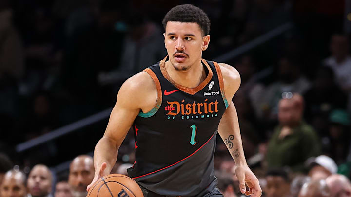 Mar 17, 2024; Washington, District of Columbia, USA; Washington Wizards guard Johnny Davis (1) brings the ball up court against the Boston Celtics during the second half of the game at Capital One Arena. Mandatory Credit: Scott Taetsch-Imagn Images Mar 17, 2024; Washington, District of Columbia, USA; Washington Wizards guard Johnny Davis (1) brings the ball up court against the Boston Celtics during the second half of the game at Capital One Arena. Mandatory Credit: Scott Taetsch-Imagn Images