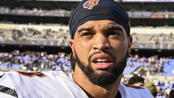Oct 26, 2025; Baltimore, Maryland, USA;  Chicago Bears quarterback Caleb Williams (18) on the field after them game against the Baltimore Ravens at M&T Bank Stadium.