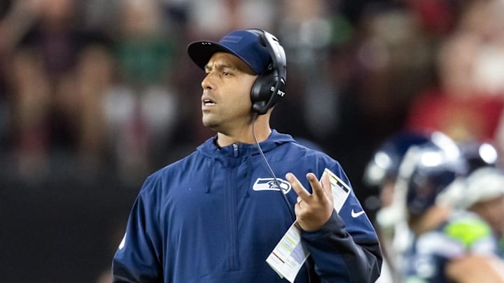 Sep 25, 2025; Glendale, Arizona, USA; Seattle Seahawks defensive coordinator Aden Durde against the Arizona Cardinals at State Farm Stadium. Mandatory Credit: Mark J. Rebilas-Imagn Images