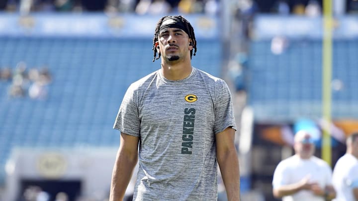 Green Bay Packers quarterback Jordan Love (10) before the game against the Jacksonville Jaguars at EverBank Stadium. Green Bay Packers quarterback Jordan Love (10) before the game against the Jacksonville Jaguars at EverBank Stadium.