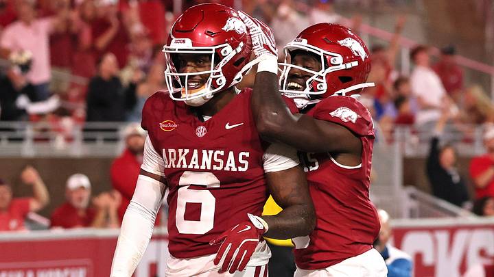 Sep 26, 2026; Fayetteville, Arkansas, USA;  Arkansas Razorbacks wide receiver Chris Marshall (6) celebrates after scoring a touchdown during the third quarter against the Tulsa Golden Hurricanes at Donald W. Reynolds Razorback Stadium.  Mandatory Credit: Nelson Chenault-Imagn Images