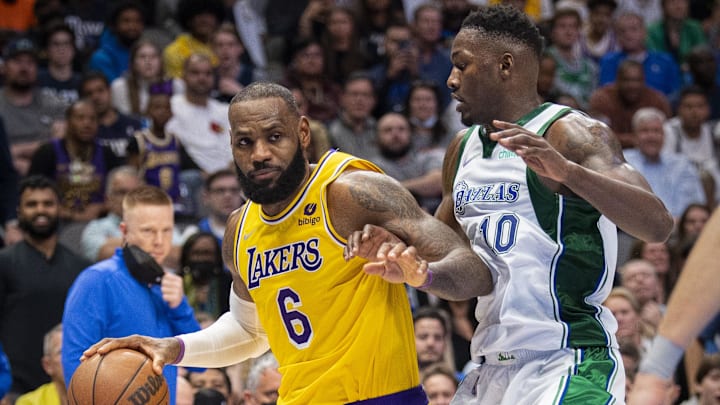 Dec 15, 2021; Dallas, Texas, USA; Los Angeles Lakers forward LeBron James (6) and Dallas Mavericks forward Dorian Finney-Smith (10) in action during the game between the Dallas Mavericks and the Los Angeles Lakers at the American Airlines Center. Mandatory Credit: Jerome Miron-Imagn Images Dec 15, 2021; Dallas, Texas, USA; Los Angeles Lakers forward LeBron James (6) and Dallas Mavericks forward Dorian Finney-Smith (10) in action during the game between the Dallas Mavericks and the Los Angeles Lakers at the American Airlines Center. Mandatory Credit: Jerome Miron-Imagn Images
