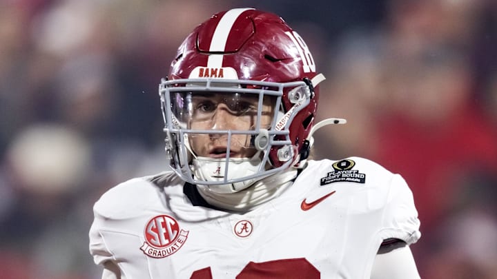 Dec 19, 2025; Norman, OK, USA; Alabama Crimson Tide defensive back Bray Hubbard (18) against the Oklahoma Sooners during the CFP National Playoff First Round at Gaylord Family Oklahoma Memorial Stadium. Mandatory Credit: Mark J. Rebilas-Imagn Images