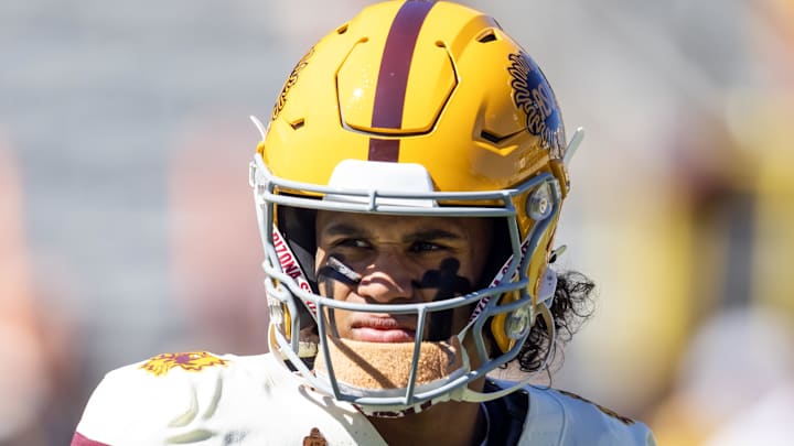 Oct 18, 2025; Tempe, Arizona, USA; Arizona State Sun Devils wide receiver Jordyn Tyson (0) against the Texas Tech Red Raiders at Mountain America Stadium. Mandatory Credit: Mark J. Rebilas-Imagn Images