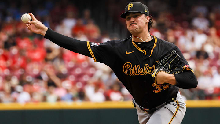 Pittsburgh Pirates starting pitcher Paul Skenes (30) pitches against the Cincinnati Reds in the third inning at Great American Ball Park. 