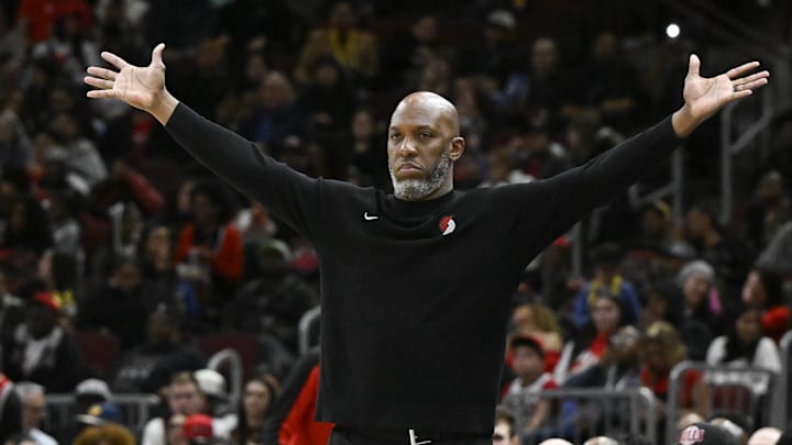 Apr 4, 2025; Chicago, Illinois, USA;  Portland Trail Blazers head coach Chauncey Billups leads his team against the Chicago Bulls during the second half at the United Center. Mandatory Credit: Matt Marton-Imagn Images