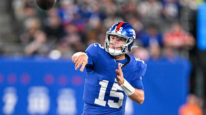 Aug 21, 2025; New York Giants quarterback Tommy DeVito throws the ball during the third quarter against the New England Patriots at MetLife Stadium. Aug 21, 2025; New York Giants quarterback Tommy DeVito throws the ball during the third quarter against the New England Patriots at MetLife Stadium.