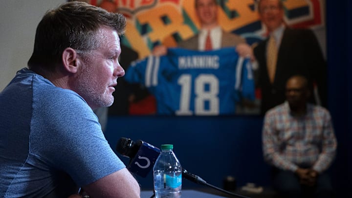 Indianapolis Colts General Manager Chris Ballard speaks to the press in a pre-draft press conference Monday, April 21, 2025 at the Colts headquarters, the Indiana Farm Bureau Football Center.