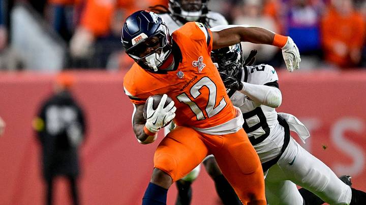 DENVER, CO - DECEMBER 21: Denver Broncos running back RJ Harvey (12) runs after a catch in the fourth quarter during a game between the Jacksonville Jaguars and the Denver Broncos at Empower Field at Mile High on December 21, 2025 in Denver, Colorado. DENVER, CO - DECEMBER 21: Denver Broncos running back RJ Harvey (12) runs after a catch in the fourth quarter during a game between the Jacksonville Jaguars and the Denver Broncos at Empower Field at Mile High on December 21, 2025 in Denver, Colorado.