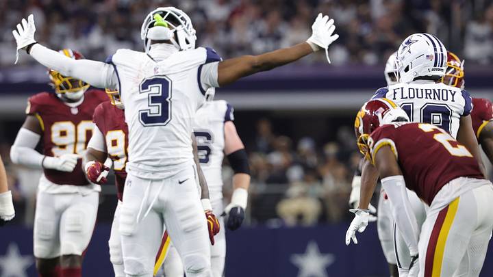Dallas Cowboys wide receiver George Pickens (3) reacts against the Washington Commanders during the second half at AT&T Stadium. Mandatory Credit: Kevin Jairaj-Imagn Images Dallas Cowboys wide receiver George Pickens (3) reacts against the Washington Commanders during the second half at AT&T Stadium. Mandatory Credit: Kevin Jairaj-Imagn Images