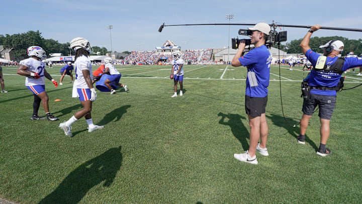 The NFL’s Hard Knocks crew focus on the running backs at the Buffalo Bills training camp at St. John Fisher University in Pittsford on July 24, 2025.