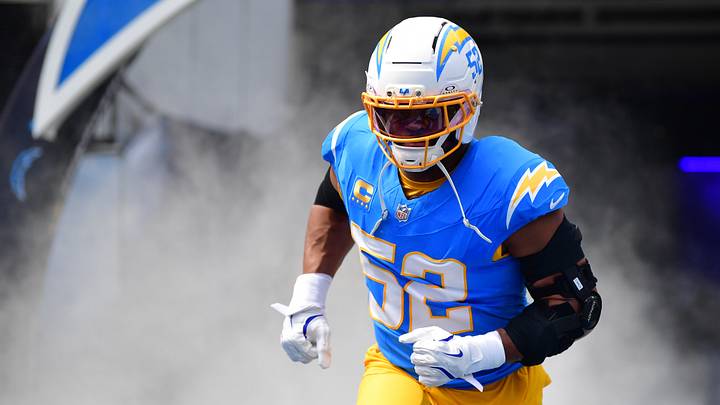 Los Angeles Chargers linebacker Khalil Mack (52) is introduced prior to the game against the Las Vegas Raiders at SoFi Stadium.  Mandatory Credit: Gary A. Vasquez-Imagn Images