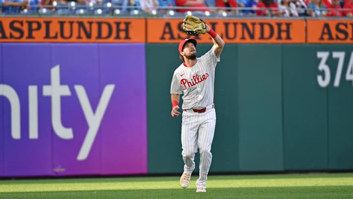 Jun 3, 2024; Philadelphia, Pennsylvania, USA; Philadelphia Phillies outfielder Davide Dahl (35) makes a catch during the first inning against the Milwaukee Brewers at Citizens Bank Park. Mandatory Credit: Eric Hartline-Imagn Images