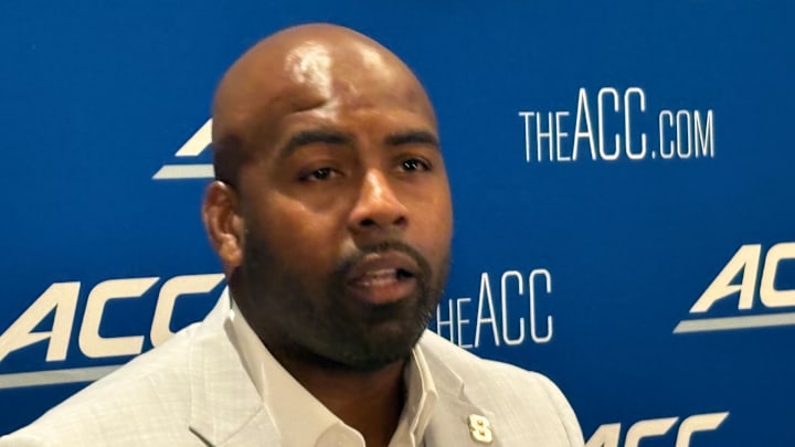 July 23, 2025; Charlotte, North Carolina, USA; Syracuse coach Fran Brown addresses the media at the ACC Football Kickoff event. Mandatory Credit: Brad Bierman-The Juice Online/On SI. July 23, 2025; Charlotte, North Carolina, USA; Syracuse coach Fran Brown addresses the media at the ACC Football Kickoff event. Mandatory Credit: Brad Bierman-The Juice Online/On SI.