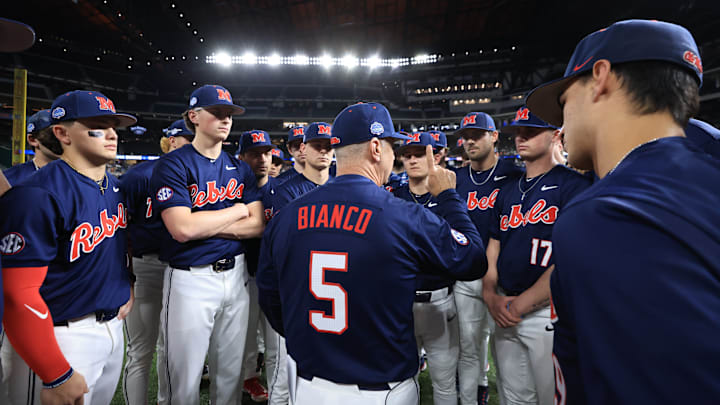 Ole Miss baseball coach Mike Bianco talks to players before the game against the Texas Longhorns at the Shriners Children's College Showdown in Arlington, Texas. Ole Miss baseball coach Mike Bianco talks to players before the game against the Texas Longhorns at the Shriners Children's College Showdown in Arlington, Texas.