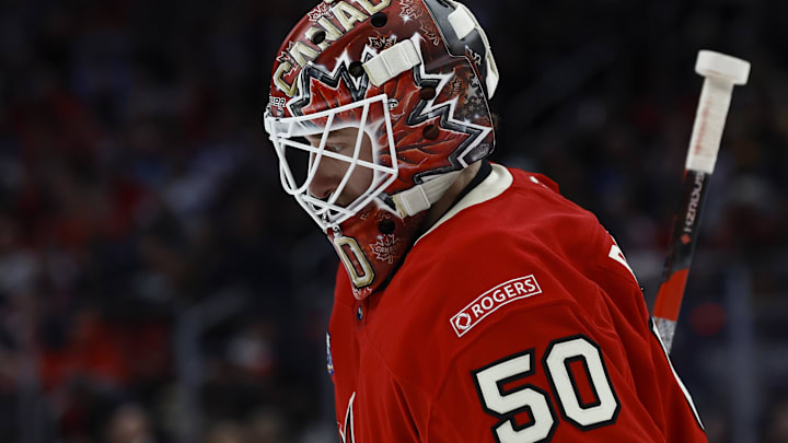 Feb 20, 2025; Boston, MA, USA; [Imagn Images direct customers only] Team Canada goaltender Jordan Binnington (50) during the 4 Nations Face-Off ice hockey championship game against the United States at TD Garden. Mandatory Credit: Winslow Townson-Imagn Images
